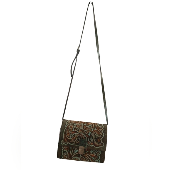 Patrica Nash Brown and Green Embossed Leather Bag and Wallet Set New With Box